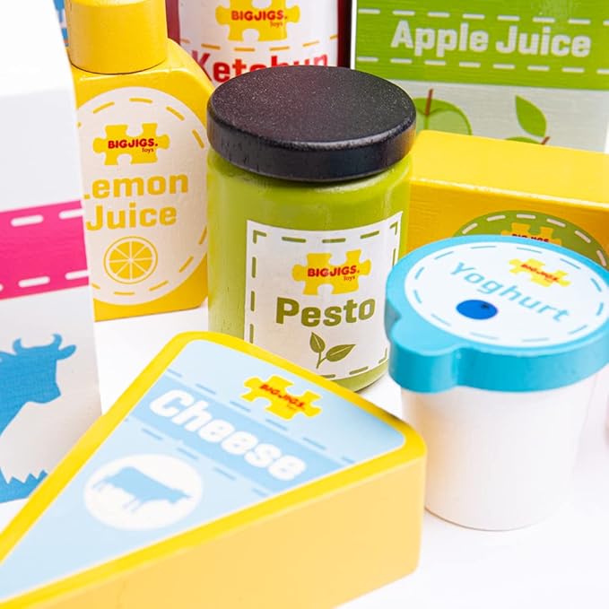 Bigjigs Toys Chilled Groceries Wooden Play Food - 11 Grocery Play Food Pieces, Quality Toy Food for Toddlers & Children, Perfect Kids Wooden Kitchen Accessories for Pretend Play