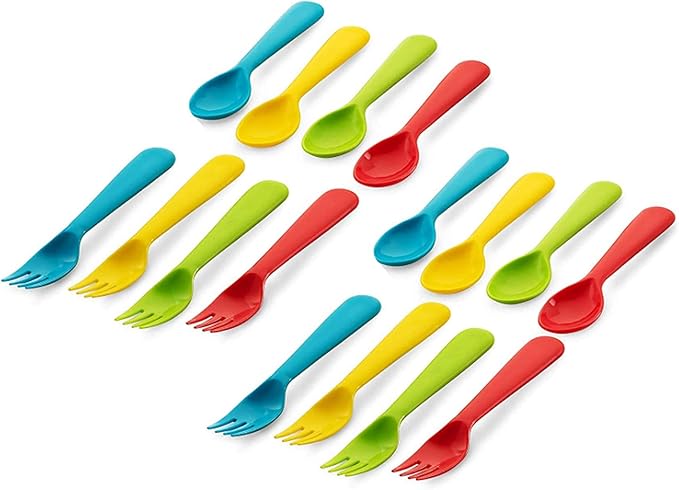 16 Pcs Plastic Toddler Utensils Set 8 Kids Forks and 8 Kids Spoons BPA Free/Dishwasher Safe Toddler Silverware Brightly Colored Kid Plastic Cutlery Set, Great for Kids and Toddlers Utensils