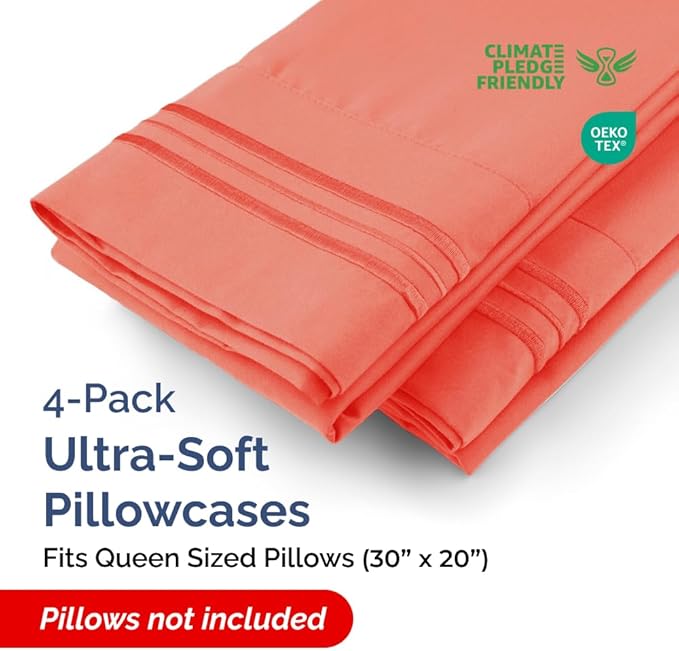 Queen Pillow Cases Set of 4 - Ultra Soft Hotel Quality Pillowcase Covers - Comfy, Cozy & Wrinkle Free - Shrinkage, Stain and Fade Resistant - Machine Washable Pillow Protectors - 4 Piece Set - Coral