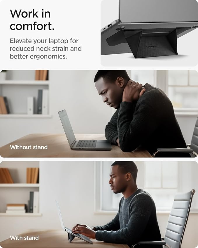 Spigen Slim Fold Adhesive Laptop Stand Foldable Portable Dual Ergonomic Angle Adjustment Lift Anti-Slip Compatible with MacBook Pro, MacBook Air 11"-16" and More - Black (LD201-S3)
