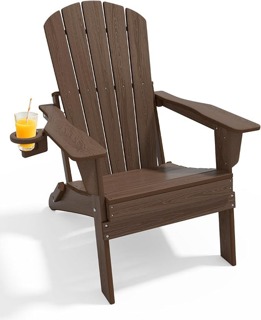 Upgraded Folding Adirondack Chair with All-Weather Cup Holder-EcoVida, Premium Wood Grain Texture, HDPE Waterproof, Suitable for Fire Pit, Patio, Porch, Coffee