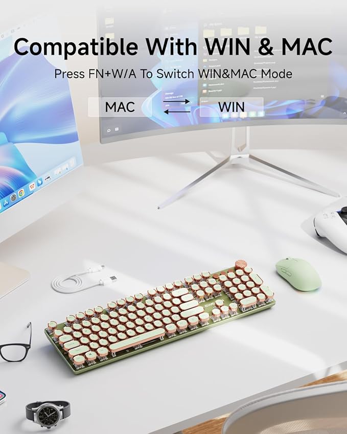EWEADN Typewriter Style Mechanical Keyboard, Wired Typewriter Keyboards,104 Keys Backlit LED Metal Keyboards, Media Control Knob, Wired Computer Keyboard Pink Switch for Windows/Mac/PC-Green