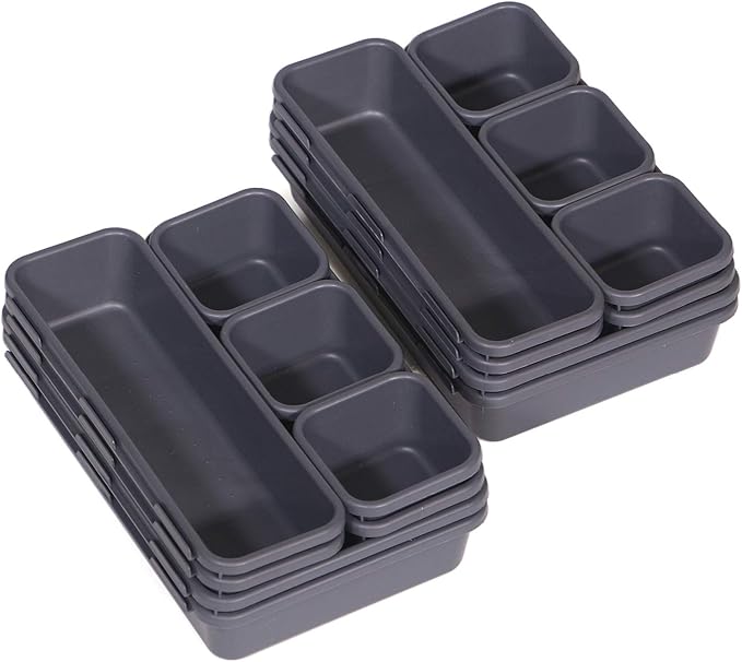 Set of 16 Interlocking Desk Drawer Organizer Tray Dividers Plastic Shallow Narrow Drawers Organizers Separators and Storage Bins Container for Kitchen Bathroom Makeup Office Vanity Bedroom Dresser