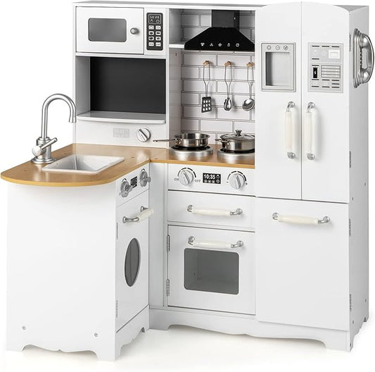 HONEY JOY Corner Kids Kitchen Playset, Little Chef Wooden Play Kitchen for Toddlers, Microwave, Refrigerator, Water Dispenser, Range Hood, Cookware, Pretend Play Toy Kitchen Set w/Lights and Sounds