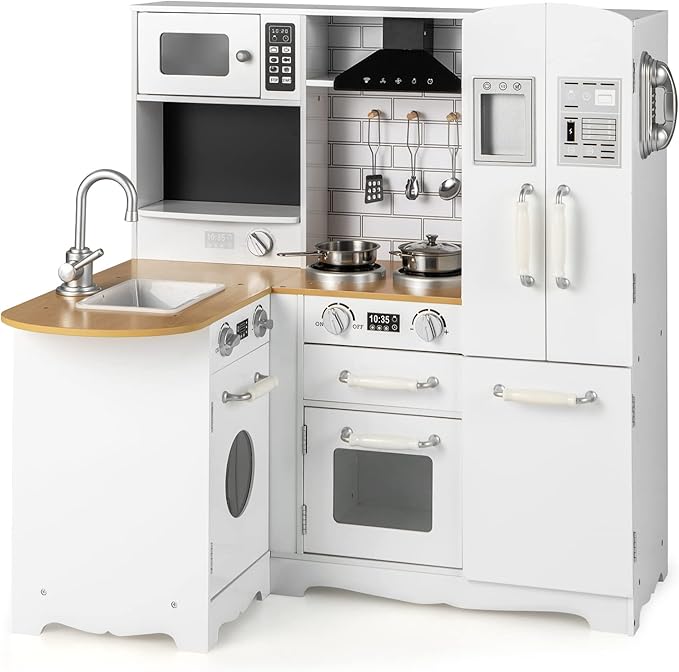 HONEY JOY Corner Kids Kitchen Playset, Little Chef Wooden Play Kitchen for Toddlers, Microwave, Refrigerator, Water Dispenser, Range Hood, Cookware, Pretend Play Toy Kitchen Set for Boys Girls
