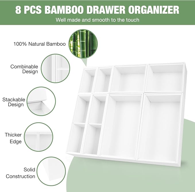 Bamboo Drawer Organizer Set, 8 PCS Multi-Use Wood Drawer Storage Boxes, Junk Drawer Organizer Divider Bins for Kitchen, Bathroom, Office Desk, Makeup, Jewelry, Utensils