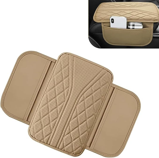 Bawkars Car Center Console Cover, Leather Vehicle Armrest Protector Cushion with 2 Side Storage Bags, Auto Breathable Middle Interior Accessories, Universal for SUV, Sedan, Truck (Beige)