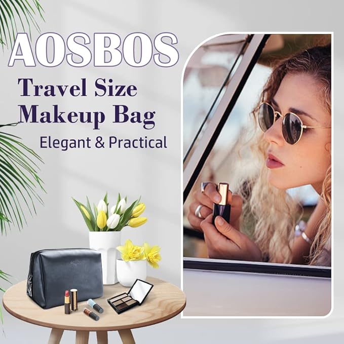 Aosbos Makeup Bag Travel Size Cosmetic Bag Zipper Makeup Pouch for Women Travel Essentials Cosmetic Pouch Makeup Organizer Purse, Blue Black