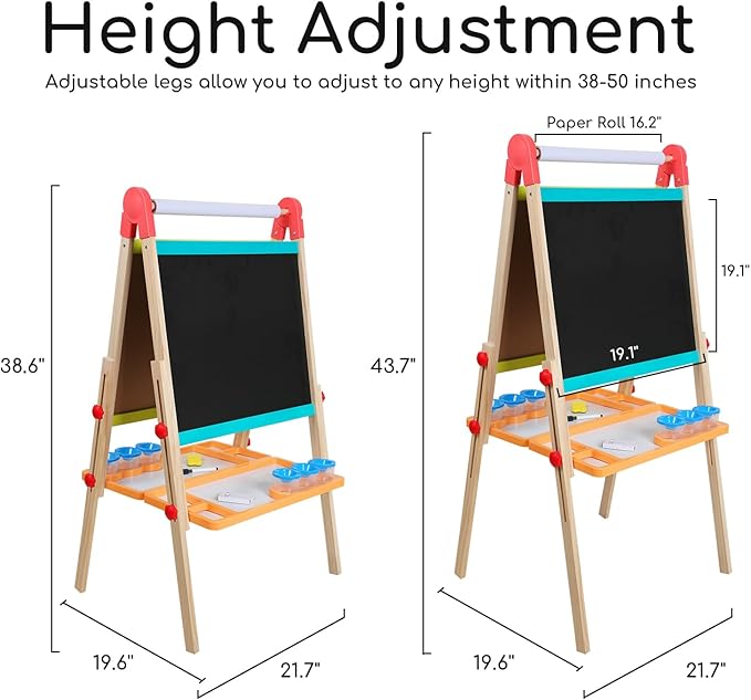 Kids Art Easel with Paper Roll, Art Easel Wooden Easel for Toddlers, Foldable Painting Easel for 2-12 Years Children, Height Adjustable Drawing Outdoor Easel