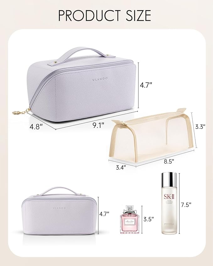 Vlando Makeup Bag,Large Capacity Toiletry Bag for Women Waterproof Portable Make up Pouch PU Leather Open Flat Cosmetic Bag(Purple)