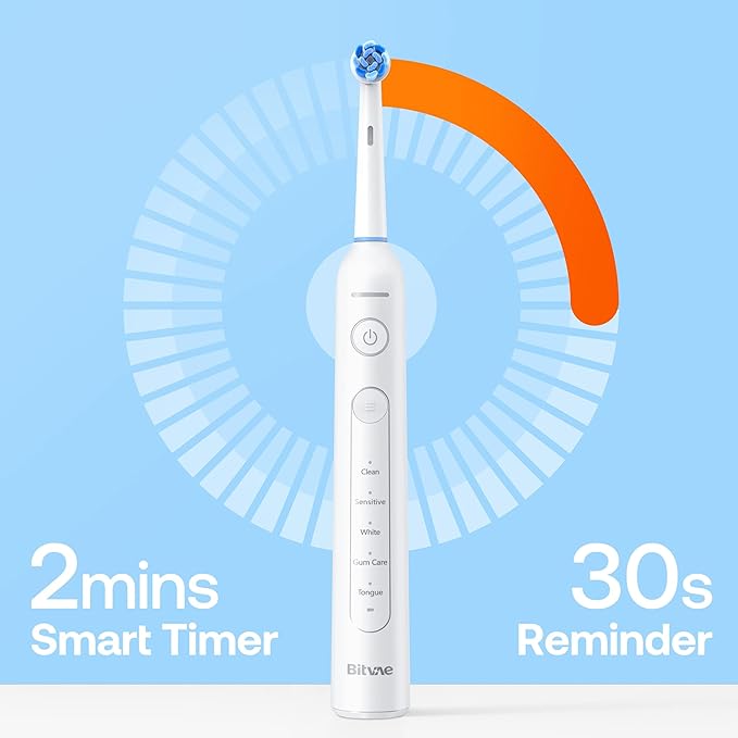 Bitvae R2 Rotating Electric Toothbrush for Adults with 8 Brush Heads, 5 Modes Rechargeable Power Toothbrush with Pressure Sensor, White