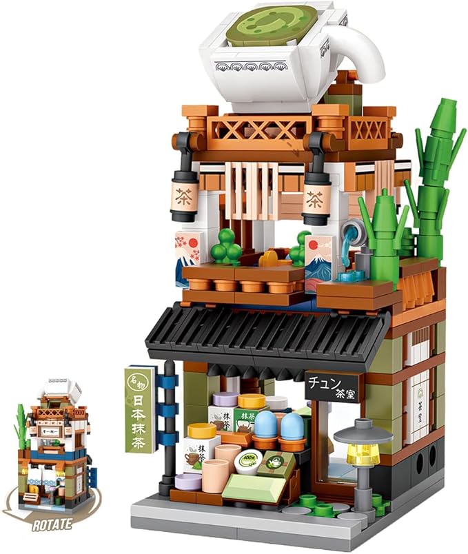 Japanese City Street View Matcha Shop, MOC Creative Building Blocks House Set, Simulation Architecture Construction Toy, Gifts Idea for Kids Adults (Mini Blocks 379 pcs)