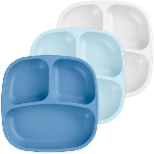 Re-Play Made in USA 7" Deep Walled Divided Plates for Kids, Set of 3 - Reusable 3 Compartment Plates, Dishwasher and Microwave Safe - 7.37" x 7.37" x 1.25", Cool Blue