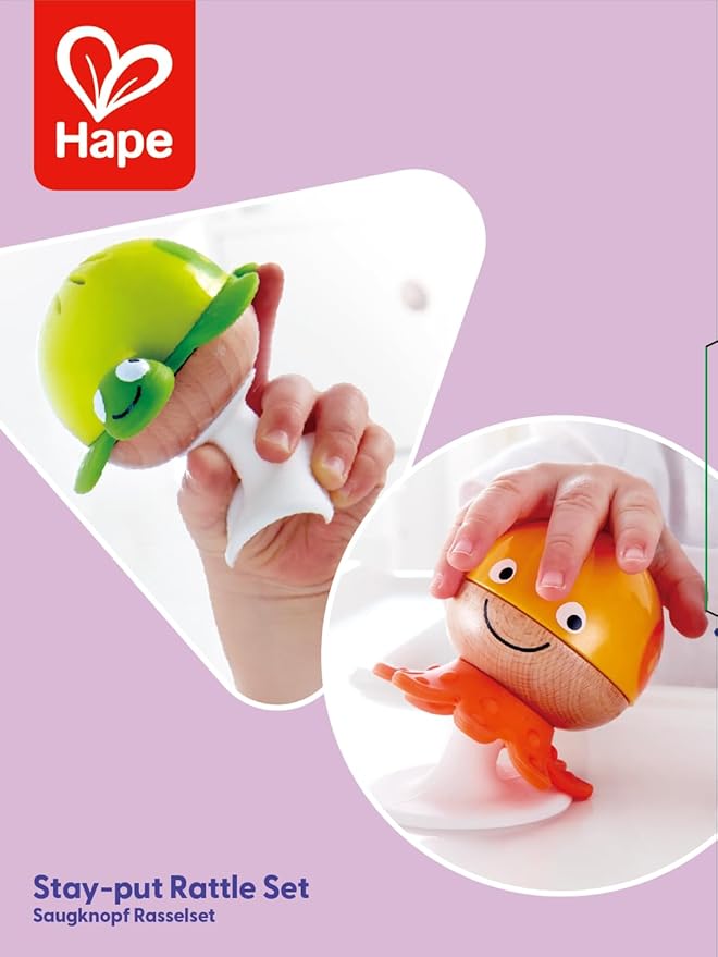 Hape Put-Stay Rattle Set | Three Sea Animal Suction Rattle Toys, Baby Educational Toy Set