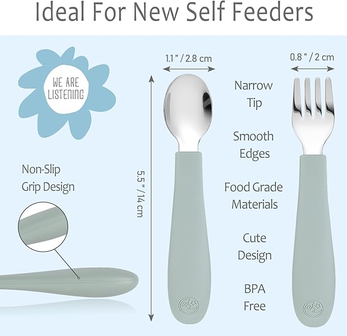 CoixFoam 8 Pieces Toddler Utensils, Toddler Safe Silverware Set With Food Grade Silicone Hanlde, 18/8 Stainless Steel, Perfect Length For New Self Feeders, Dishwasher Safe