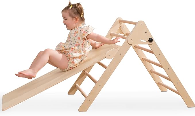 Giant bean Foldable Wooden Climbing Triangle with Sliding Ramp, 3 in 1 Pikler Triangle Climbing Toys for Toddlers, Kids Indoor Climbers & Gym Play Structures for Boys Girls