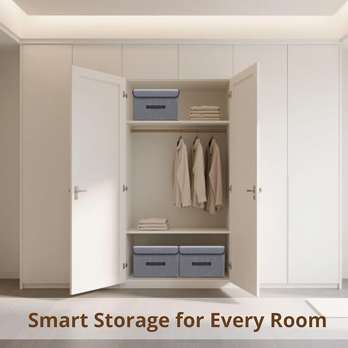 4 PCs Fabric Storage Bins with Lids, Foldable Closet Organizers and Storage, Clothes Storage, Clothes Organizer, Gray, Stackable Storage Bins with Handles for Home, Office, Bedroom, Dorm