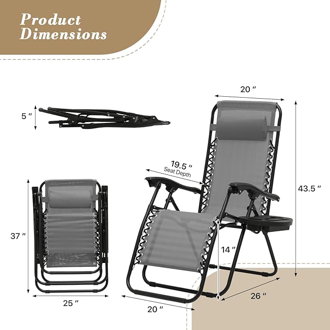 Athena Collection Zero Gravity Outdoor Lounge Chair Set of 2 with Cup Holder, 25" Width Pool Lounge Lawn Chairs Reclining, Outdoor Chaise for Beach Patio Backyard Outside, Grey