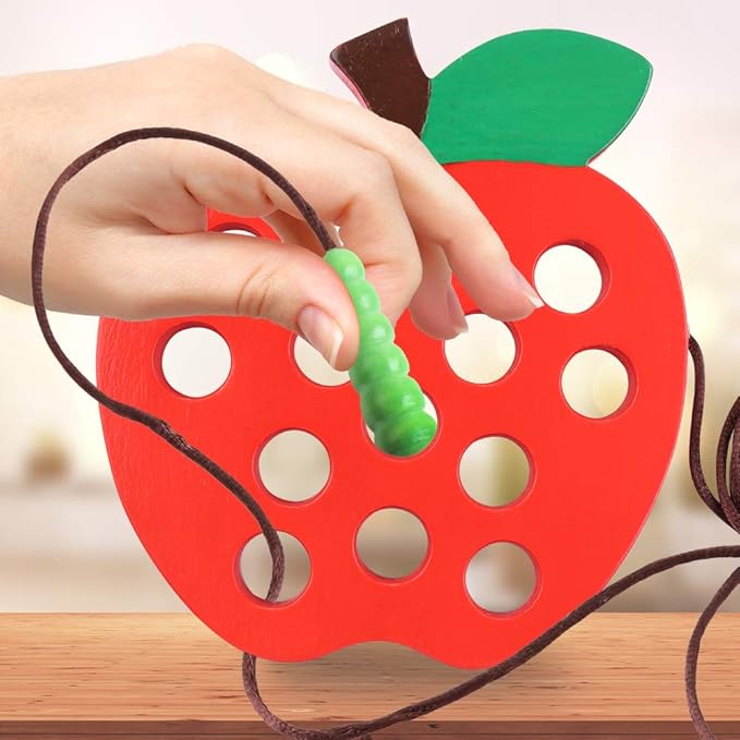 Lacing Toy for Toddlers, Fine Motor Skill Toys for 3 Year Old, Educational Learning Montessori Activity for Baby Kids, Car Plane Travel Games, Wooden Threading Toys 1 Apple,1 Watermelon, 1 Cheese.