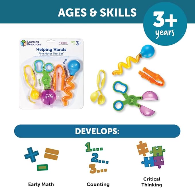 Learning Resources Helping Hands Fine Motor Tool Set Toy - 4 Pieces, Ages 3+ Fine Motor and Sensory Play Toys, Toddler Tweezers, Sensory Bin Toys