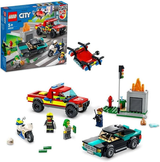 LEGO 60319 City Fire Rescue and Police Chase with Truck, Car & Motorcycle, Toy for Kids 5+ Years