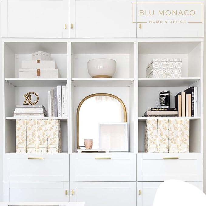 BLU MONACO | Set of 4 Foldable Magazine Storage Boxes with Gold Floral Pattern | Decorative Vertical File Organizers with Gold Label Holders for Desk, Shelves & Home Office