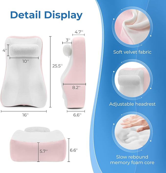 Ergonomic S Curve Reading Pillow for Sitting in Bed Adult- Back Pillow for Bed Sitting up with Adjustable Headrest- Memory Foam, Pink