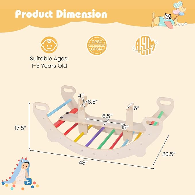 HONEY JOY Wooden Rocking Climbing Arch, 4-in-1 Montessori Kids Arch Rocker Climber Ladder for Rocking Horse, Children Indoor Outdoor Gym Learning Playset, Playground Climbing Toys for Toddlers Gift