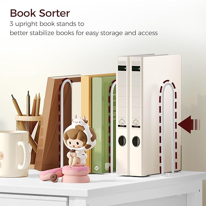 Kids Desk and Chair Set, Student Writing Desk, Kids Study Desk with Book Sorter and Fabric Drawer, Kids Wooden Study Table, for Study, Kids Room, Bedroom, White KDBW11901N1