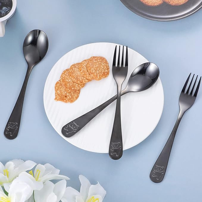Pimoys 6 Pieces Kids Silverware Stainless Steel Toddler and Child Utensils, Childrens Safe Forks and Spoons Metal Cutlery Set, Engraved Bear, Black