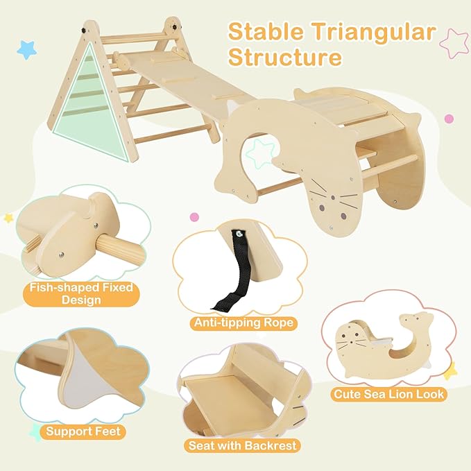 Costzon Climbing Toys for Toddlers, Foldable Montessori Wooden Arch Climber Ladder with Sliding Ramp, Play Table, Multi-Combination Methods, Kids Triangle Climber Play Gym Set for Boys Girls Present