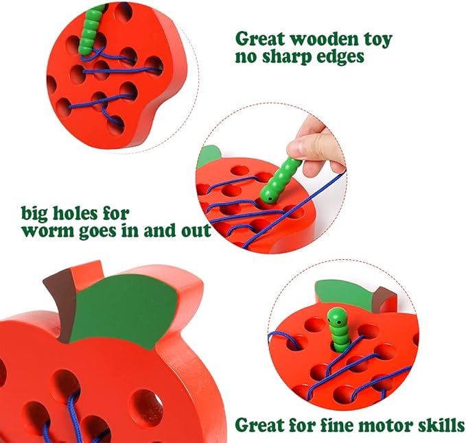 Lacing Toys for Toddlers 1-3,Wooden Threading Apple Baby Travel Toys,Montessori Education Sensory Toys Learning Fine Motor Skills, Wooden Block Puzzle Gifts for 1 2 3 Year Old Baby Kids Boys Girls