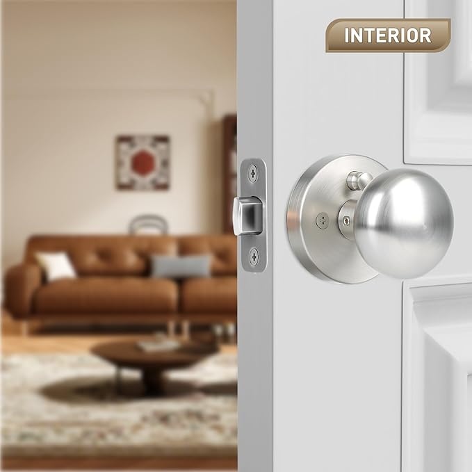 Satin Nickel Door Knob, Privacy Door Knobs Interior with Push-Button, Vintage Door Knob with Lock for Bedroom and Bathroom, 1 Pack