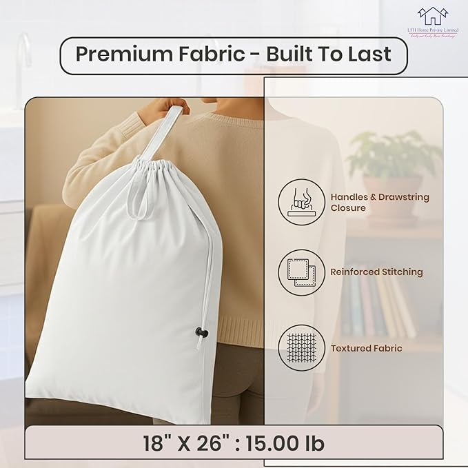 LFH Home Large Premium 1pack Cotton Canvas Laundry Bag with Drawstring and Handles Heavy Duty, Multi-Use, Washable for Home, Travel, College or Storage 18x26 -White