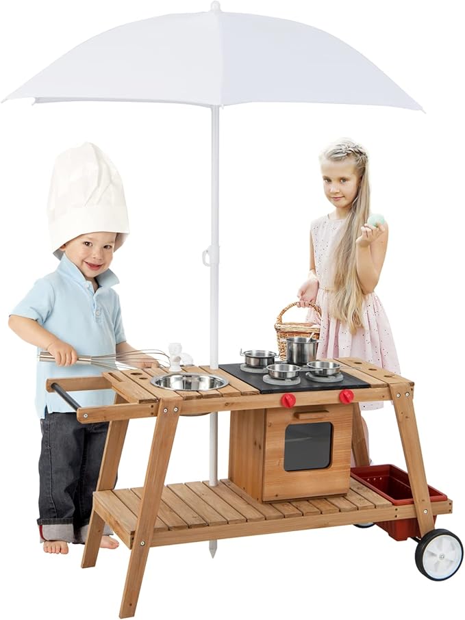 HONEY JOY Mud Kitchen with Umbrella, Wooden Rolling Mud Table Cart, Toddler Outdoor Kitchen Playset, Sink, Faucet, Planting Pots, Utensils, Storage Cabinet, Mud Kitchen for Kids Outdoor with Wheels