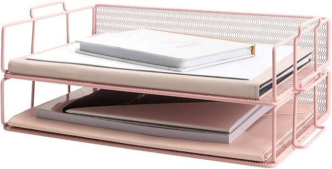 BLU MONACO Pink Mesh Paper Tray – Set of 2 Stackable Letter Trays – Durable Metal Desk Organizer for Home, Office & School – Stylish Document Holder, File Storage, and Workspace Organizer