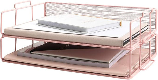 BLU MONACO Pink Mesh Paper Tray – Set of 2 Stackable Letter Trays – Durable Metal Desk Organizer for Home, Office & School – Stylish Document Holder, File Storage, and Workspace Organizer