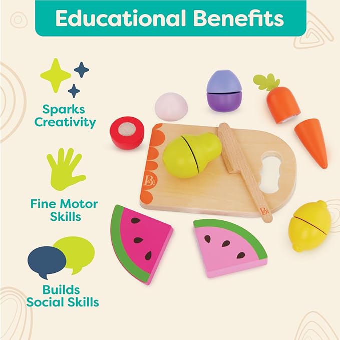 B. toys- Chop 'n' Play - Wooden Fruits & Veggies- Pretend Play Playset- Sliceable Play Food for Toddlers, Kids – Play Knife & Cutting Board – 2 Years +
