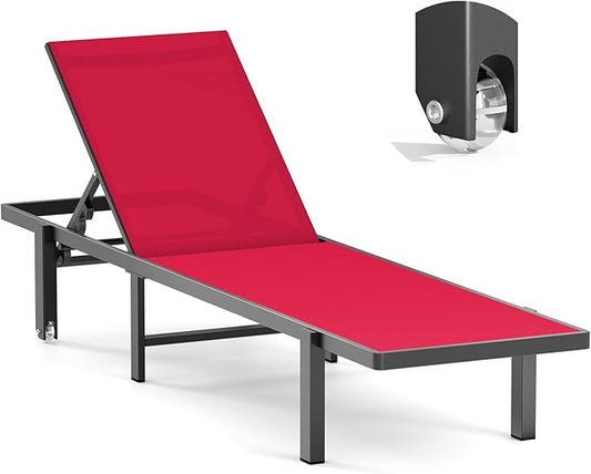 Ciokea Aluminum Chaise Lounge Chair Outdoor with Wheels, Patio Lounge Chair with Adjustable 5-Position Recliner and Full Flat Tanning Chair for Patio, Beach, Pool, Red