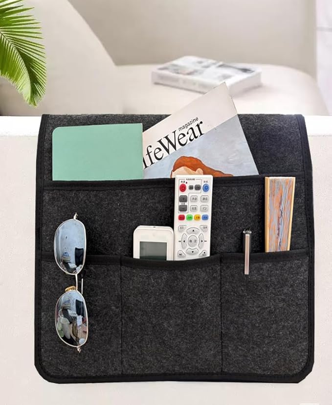 Sofa Armrest Caddy, Armchair Caddy for Recliner, Couch Organizer, Bedside Organizer, Remote Holder with Silicone Non-slip Design,4 Pockets for Magazine, Notepad,Phone, Ipad, Glasses (Black)