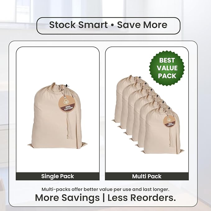 LFH Home Large Premium 100% Cotton Canvas Laundry Bag with Drawstring and Handles Heavy Duty, Multi-Use, and Washable for Home, Travel, College or Storage 20x30 (Pack of 6)-Natural