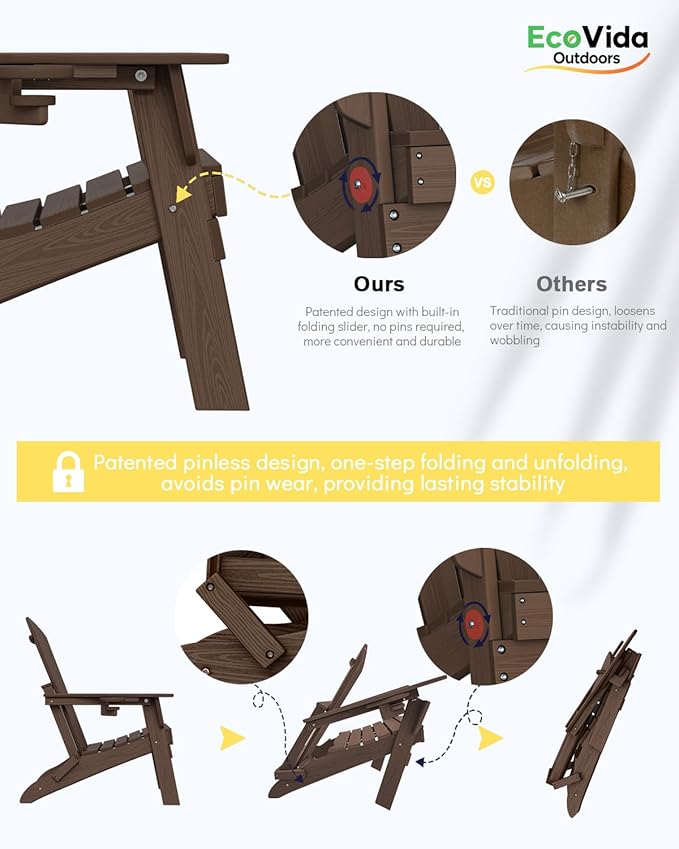 Upgraded Folding Adirondack Chair with All-Weather Cup Holder-EcoVida, Premium Wood Grain Texture, HDPE Waterproof, Suitable for Fire Pit, Patio, Porch, Coffee