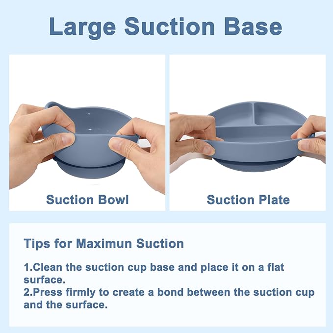 Silicone Baby Feeding Set 14 Pcs,Baby Led Weaning Supplies, Baby Spoons Suction Bowl Divided Plate Bib Cup Finger Brush,First Stage Solid Food Eating Utensils - 6+ Months(Blue Gray)