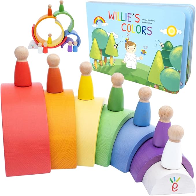 Montessori Nesting Rainbow Toy: Open-Ended Wooden Stacking Set with Arches, Peg Dolls & Story Book for Emotional Intelligence & Creative Play | Ages 3+ | 16 pcs | Premium Quality Tiger Wood