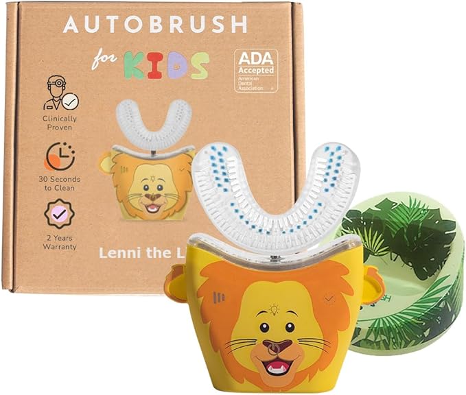 autobrush Kids U Shaped Electric Toothbrush, ADA Accepted, Sonic Pro with Unique 360° Nylon Bristles 3 Cleaning Modes,Whitening LED-Lights,Plays Music (Double-Sided),Ages 9-12, Lion