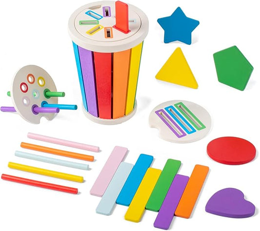 Montessori Toys for 1 2 3 Year Old, 3 in1 Wooden Learning Color Sorting Toys for Toddlers 12-36 Month Old, Wooden Educational Toy, Fine Motor Developmental Sensory Matching Games