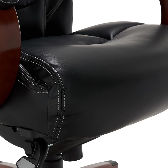 La-Z-Boy Delano Big & Tall Executive Office Chair, High Back Ergonomic Lumbar Support, Bonded Leather, Black with Mahogany Wood Finish