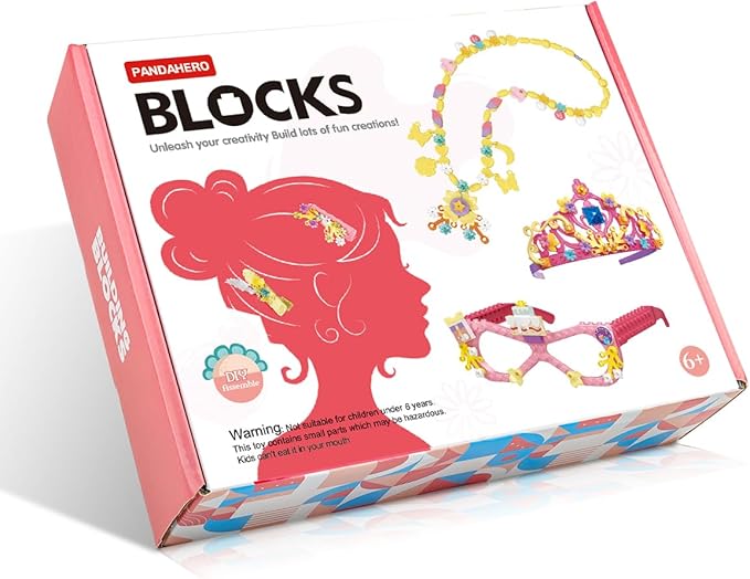 Building Blocks Toys Set for Kids Creative DIY Stacking STEM Educational Toys Fun Preschool Building Toy Includes Necklaces, Bracelets, Rings, Crown, Glasses, Hairpins, Wand