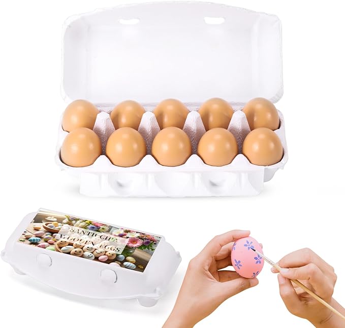 Fake Chicken Eggs, 10-Count Brown Wooden Artificial Eggs in Carton for Painting and Crafts, Food Toys for Play and Room Decor, Fake Eggs for Nesting Boxes and Poultry Incubators.