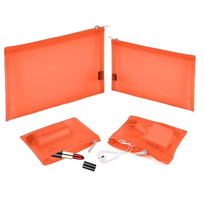 EASYFUN Mesh Pouch, Make up Bag with Zipper Cosmetic Organizer Pouch for Daily or Travel to Keep Small Items, 4 PCS Orange